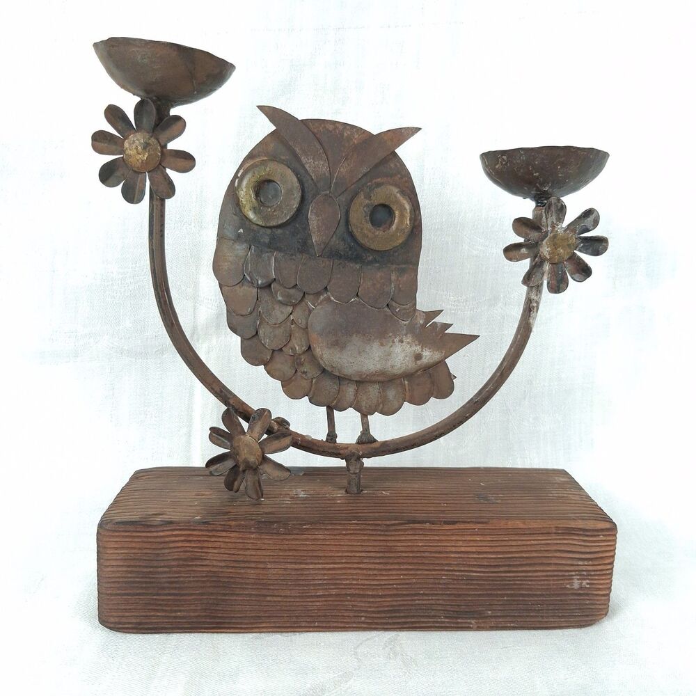 Mid Century Modern Metal Owl on Wood Base Candle Holder Sculpture Brutalist 9"